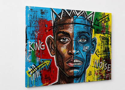 Tableau portrait style Basquiat contemporain avec couronne iconique et art urbain moderne
