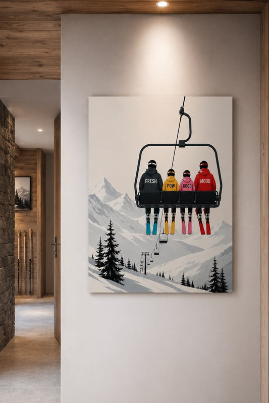 Tableau pour salon sur le thème du ski avec télésiège et paysage de montagne minimaliste
