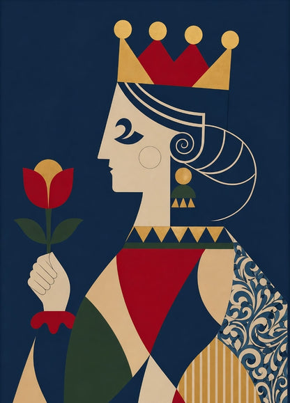 Tableau reine de carte moderne avec fond bleu profond et inspiration art déco contemporaine
