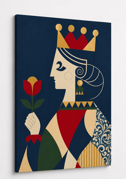 Tableau reine de carte avec fleur rouge et composition géométrique élégante
