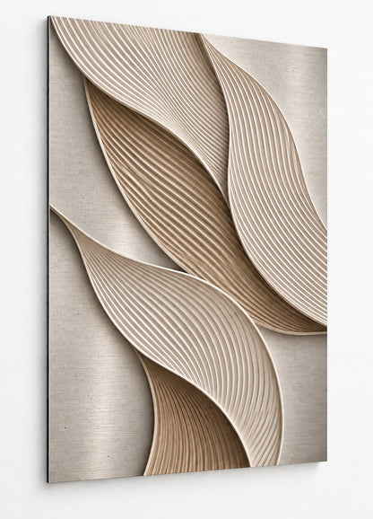 Tableau relief minimaliste beige avec formes ondulées et texture sculptée contemporaine. L'ensemble est imprimé sur une plaque alu dibond brossé