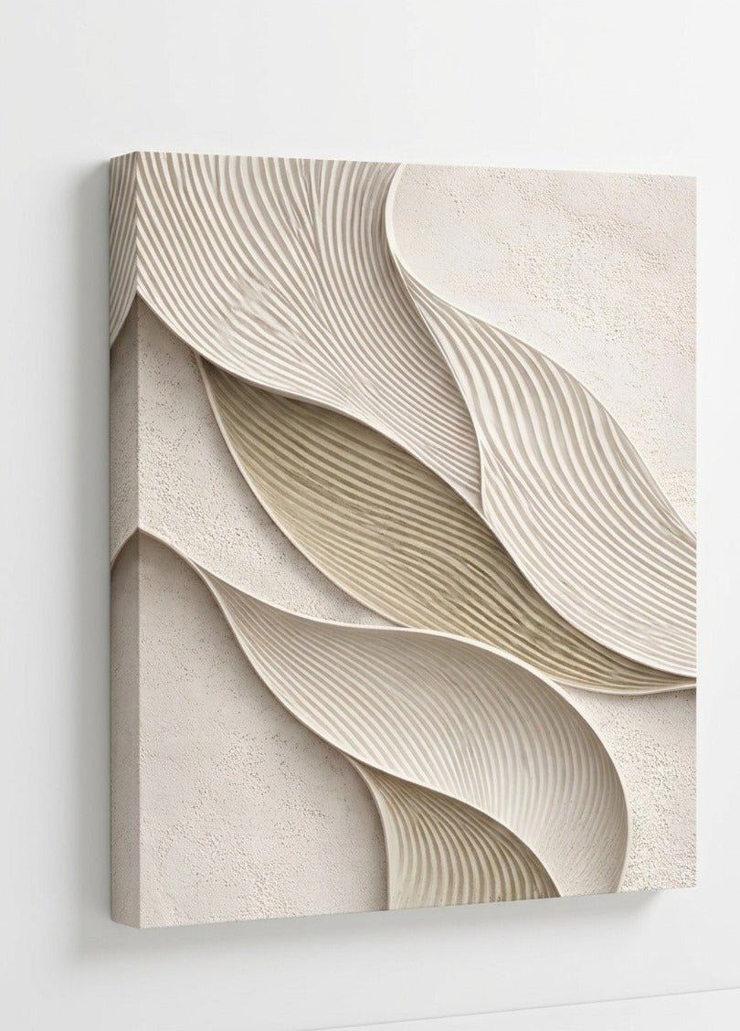 Tableau mural relief beige minimaliste dans décoration intérieure contemporaine
