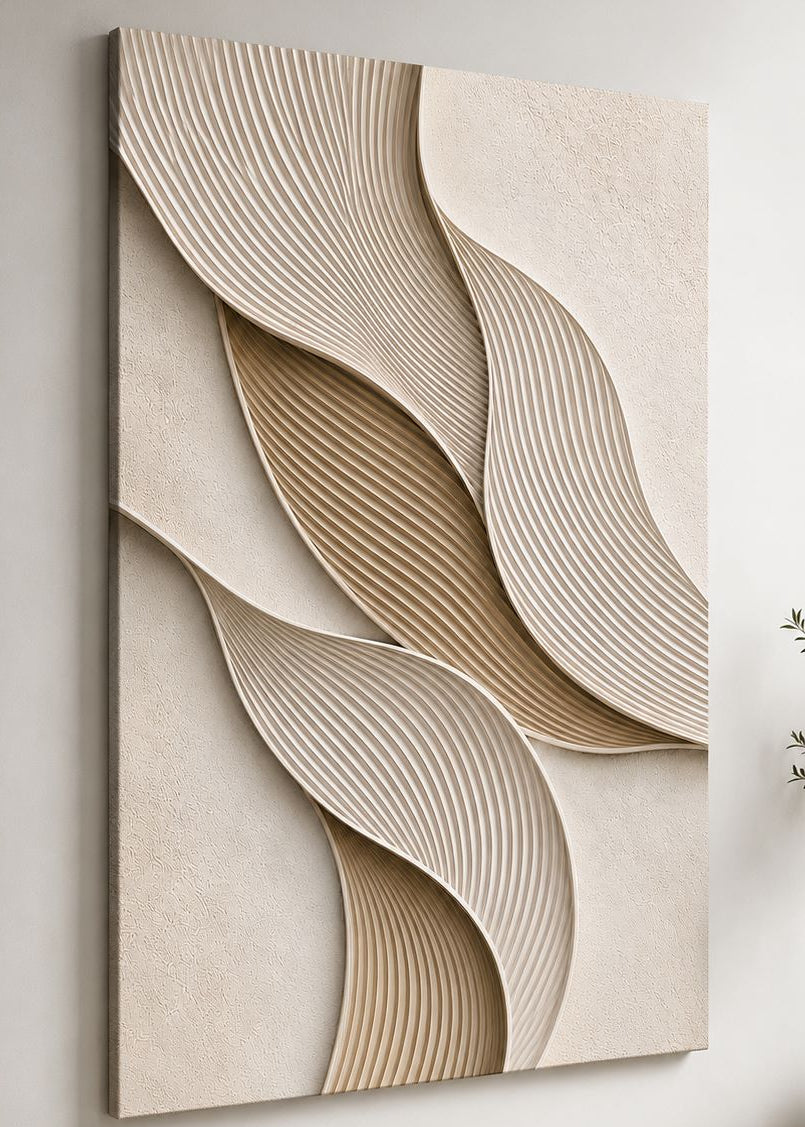 Tableau mural relief beige minimaliste dans décoration intérieure contemporaine