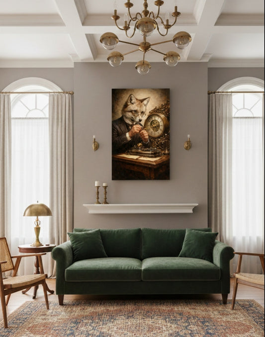Tableau Renard Horloger accroché dans un bureau élégant, décoration murale vintage et contemporaine.
