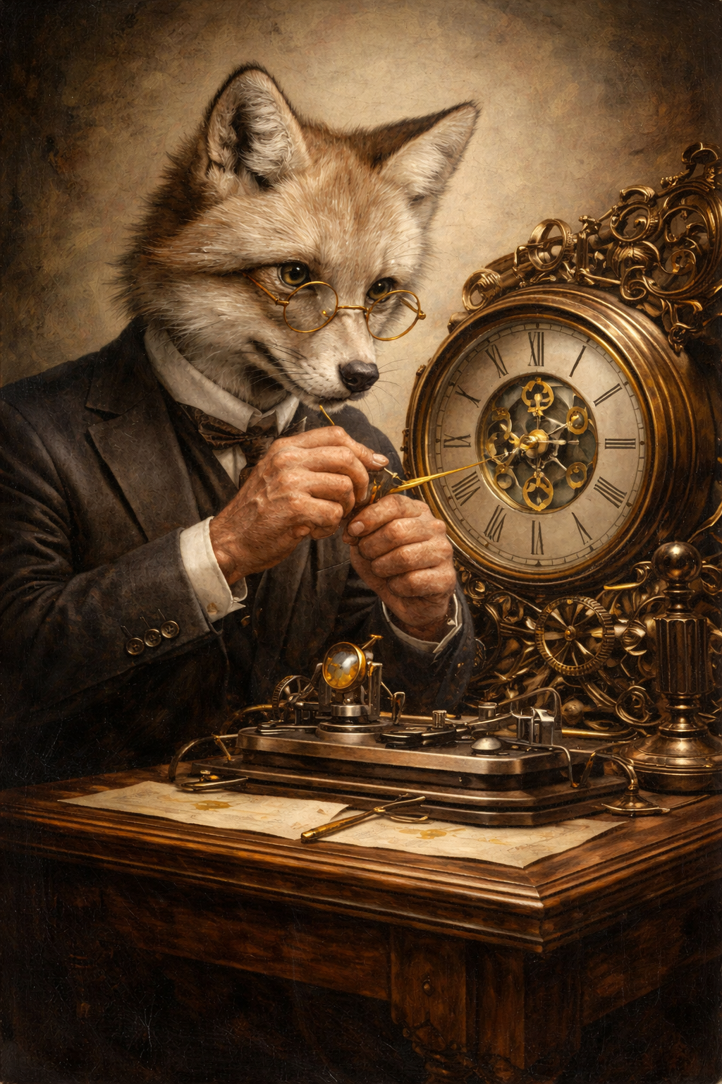 Tableau renard horloger style vintage avec mécanisme ancien et détails dorés, création exclusive Iconik-Art.
