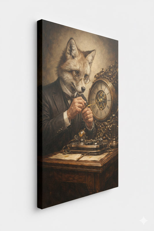 Vue de profil du tableau Renard Horloger sur toile châssis, détails des textures et impression haute qualité.

