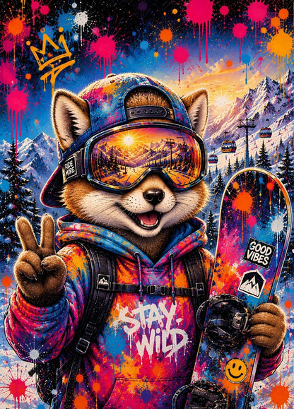 Renard stylisé en snowboard dans un décor de montagne coloré et contemporain
