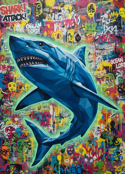 Tableau requin pop art bleu graffiti couleurs vives street art moderne decoration murale dynamique
