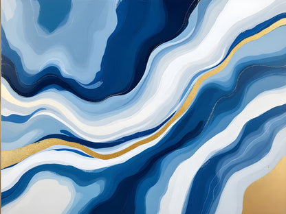 tableau contemporain bleu et or abstrait fluide
