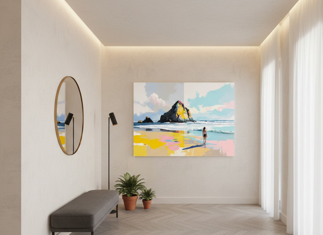 Tableau Rocher Océan Atlantique accroché dans un salon moderne, décoration murale bord de mer contemporaine et lumineuse.
