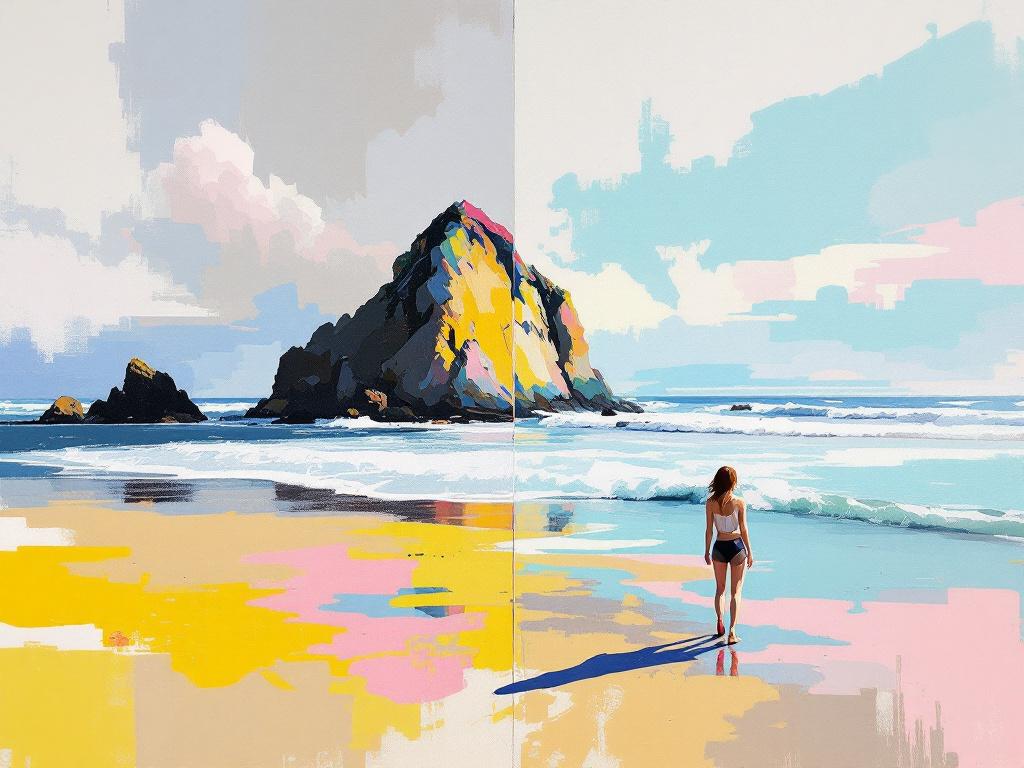 Tableau rocher océan Atlantique style pop, plage colorée et silhouette face à la mer, création exclusive Iconik-Art.
