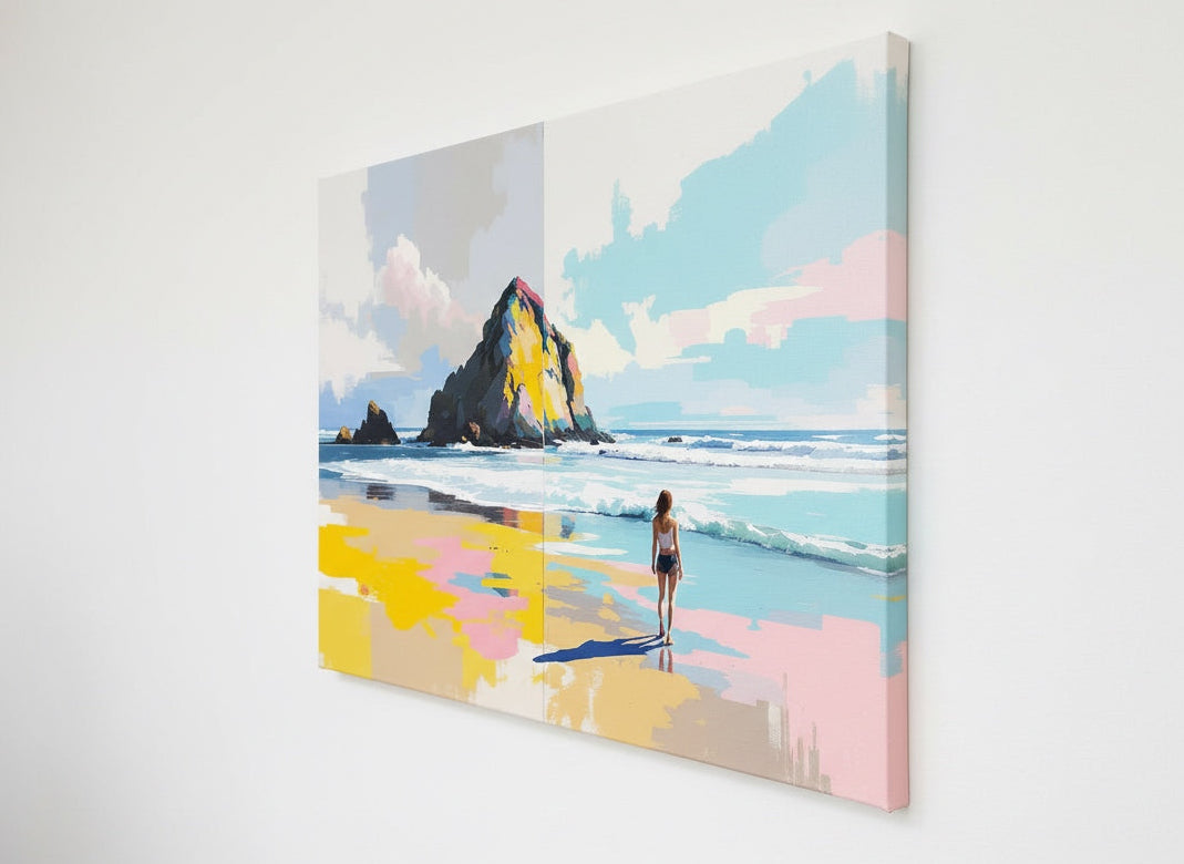 Vue de profil du tableau Rocher Océan sur toile châssis, détails des couleurs vives et impression haute qualité.
