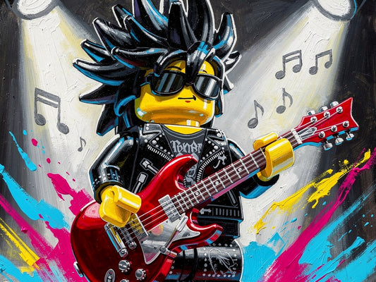 Tableau pop art représentant un guitariste stylisé avec guitare rouge électrique et fond éclats colorés
