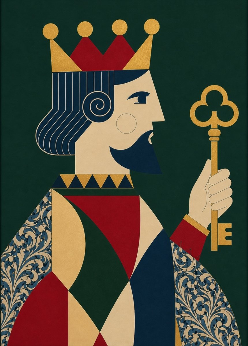 Tableau roi de carte design géométrique inspiré de l’art déco avec couleurs profondes et style figuratif moderne
