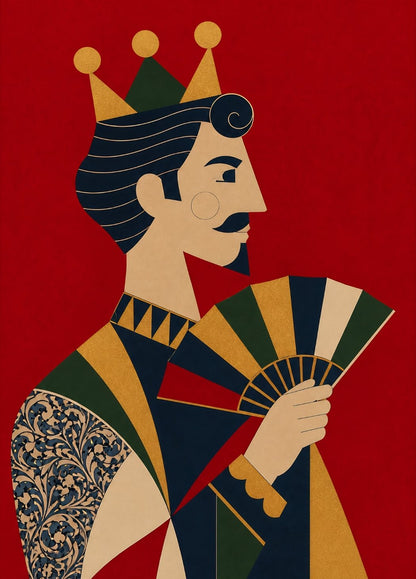 Tableau roi de carte figuratif moderne avec fond rouge intense et inspiration art déco contemporaine
