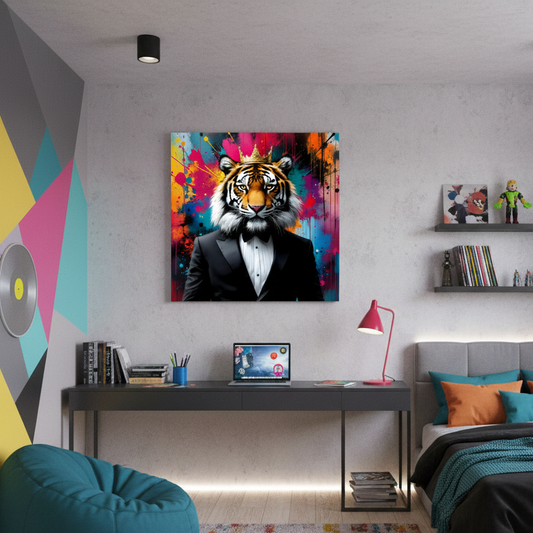 Tigre en costume sur fond coloré street art, ambiance luxe et contemporaine
