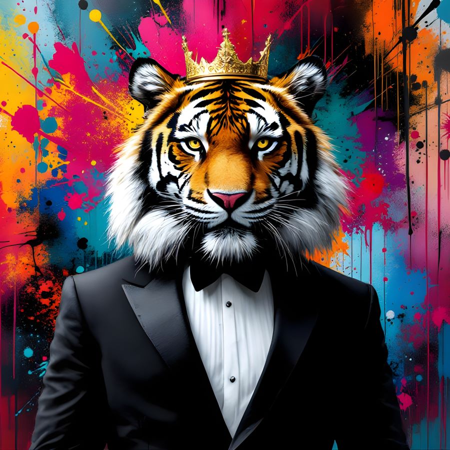 Portrait d’un tigre couronné en costume noir dans un style pop art contemporain
