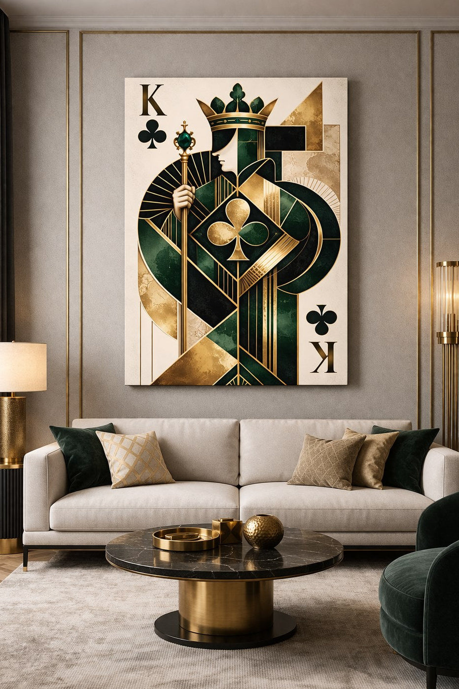 Tableau mural moderne art déco intégré dans un salon élégant et contemporain
