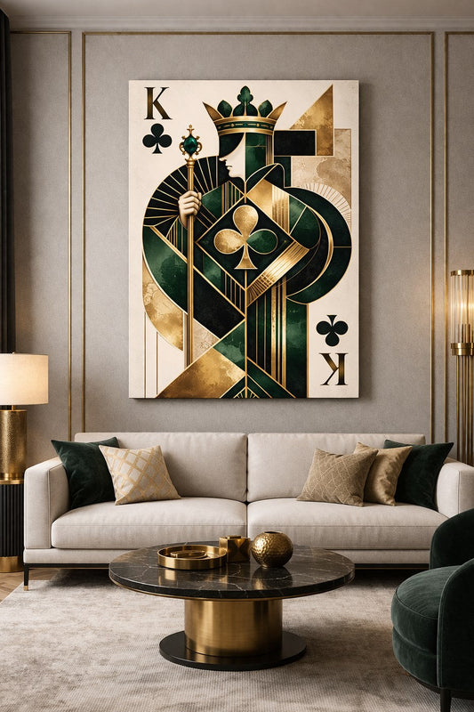 Tableau mural moderne art déco intégré dans un salon élégant et contemporain
