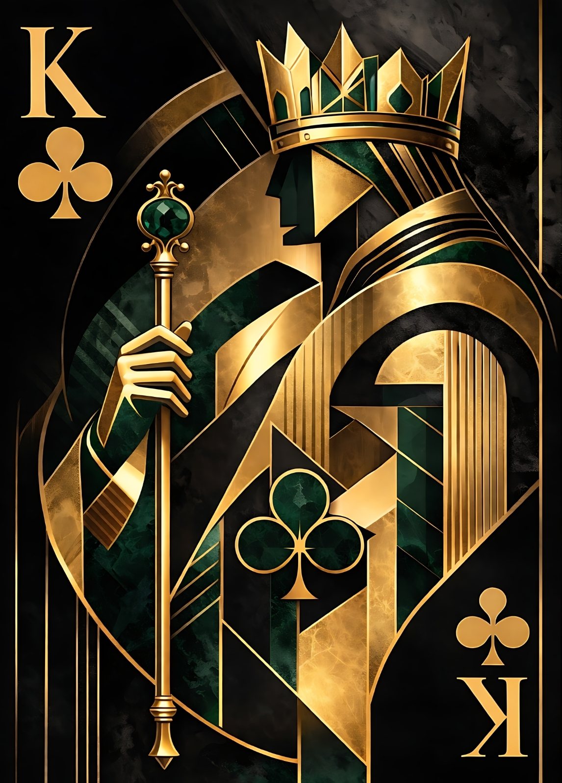Tableau contemporain art déco représentant un roi de trèfle noir vert et or style graphique élégant
