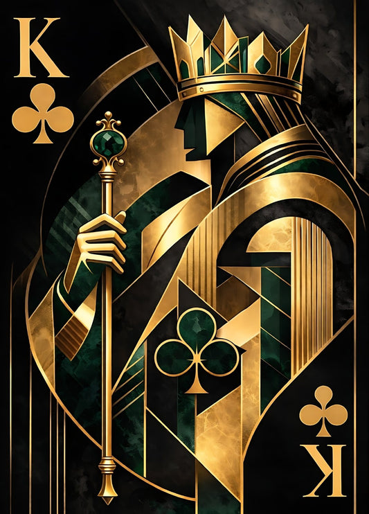Tableau contemporain art déco représentant un roi de trèfle noir vert et or style graphique élégant
