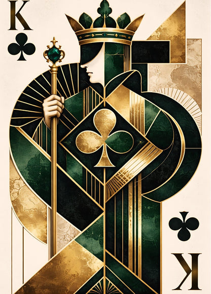 Tableau moderne art déco représentant un roi de trèfle vert et or style géométrique élégant
