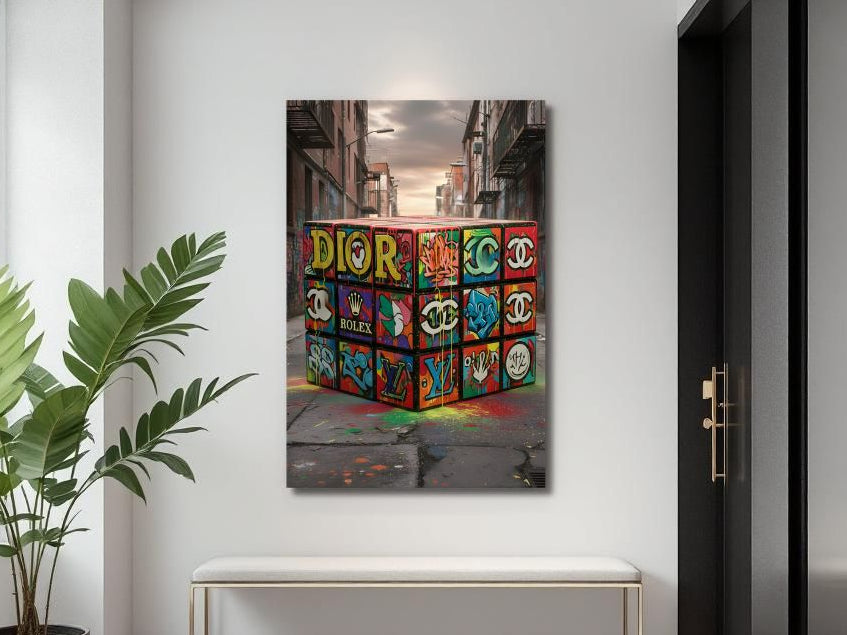 Tableau Rubik cube street art accroché dans loft moderne, décoration murale urbaine colorée avec ambiance artistique contemporaine
