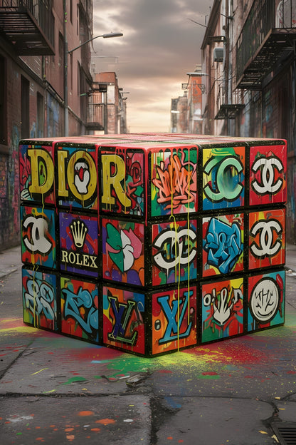 Cube Rubik revisité en style street art avec logos iconiques et couleurs vives, effet graffiti urbain dynamique, décoration murale moderne

