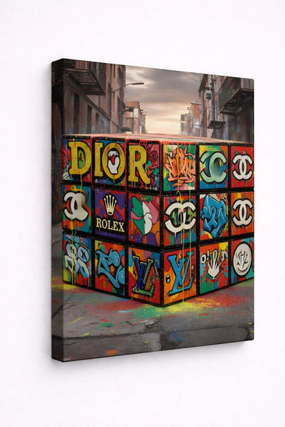Vue de profil du tableau Rubik cube street art sur toile châssis bois, détails des couleurs intenses et textures graffiti contemporaines
