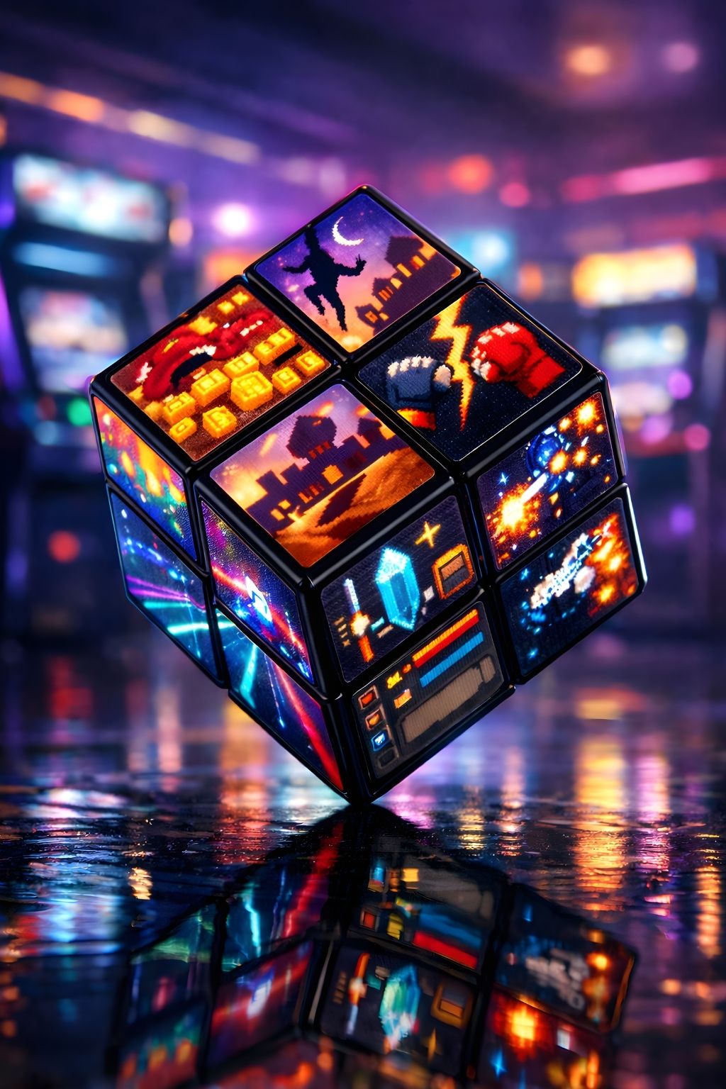 Tableau Rubik’s Cube arcade néon vue de face
