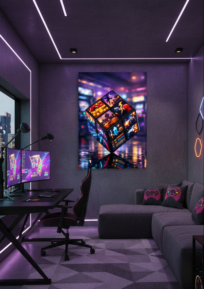 Tableau Rubik’s Cube arcade néon en situation intérieure
