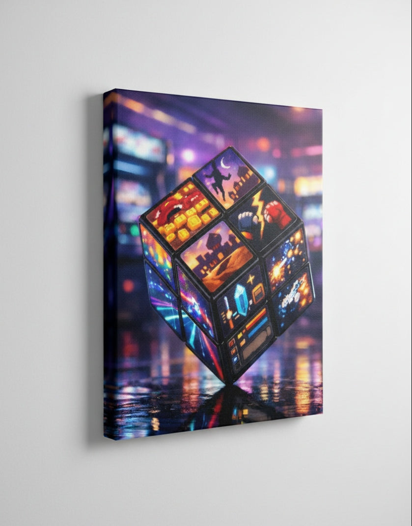 Toile Rubik’s Cube arcade néon vue de profil
