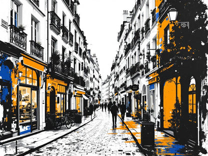 Tableau décoratif représentant une rue parisienne emblématique en noir et blanc avec touches de couleur, style urbain moderne.
