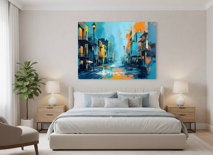Tableau Rue Urbaine bleu et orange accroché dans un salon design, décoration murale contemporaine et graphique.
