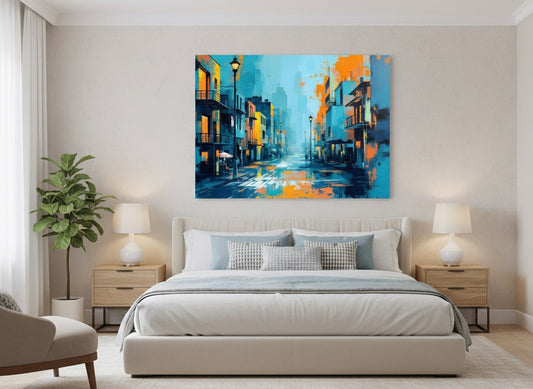 Tableau Rue Urbaine bleu et orange accroché dans un salon design, décoration murale contemporaine et graphique.
