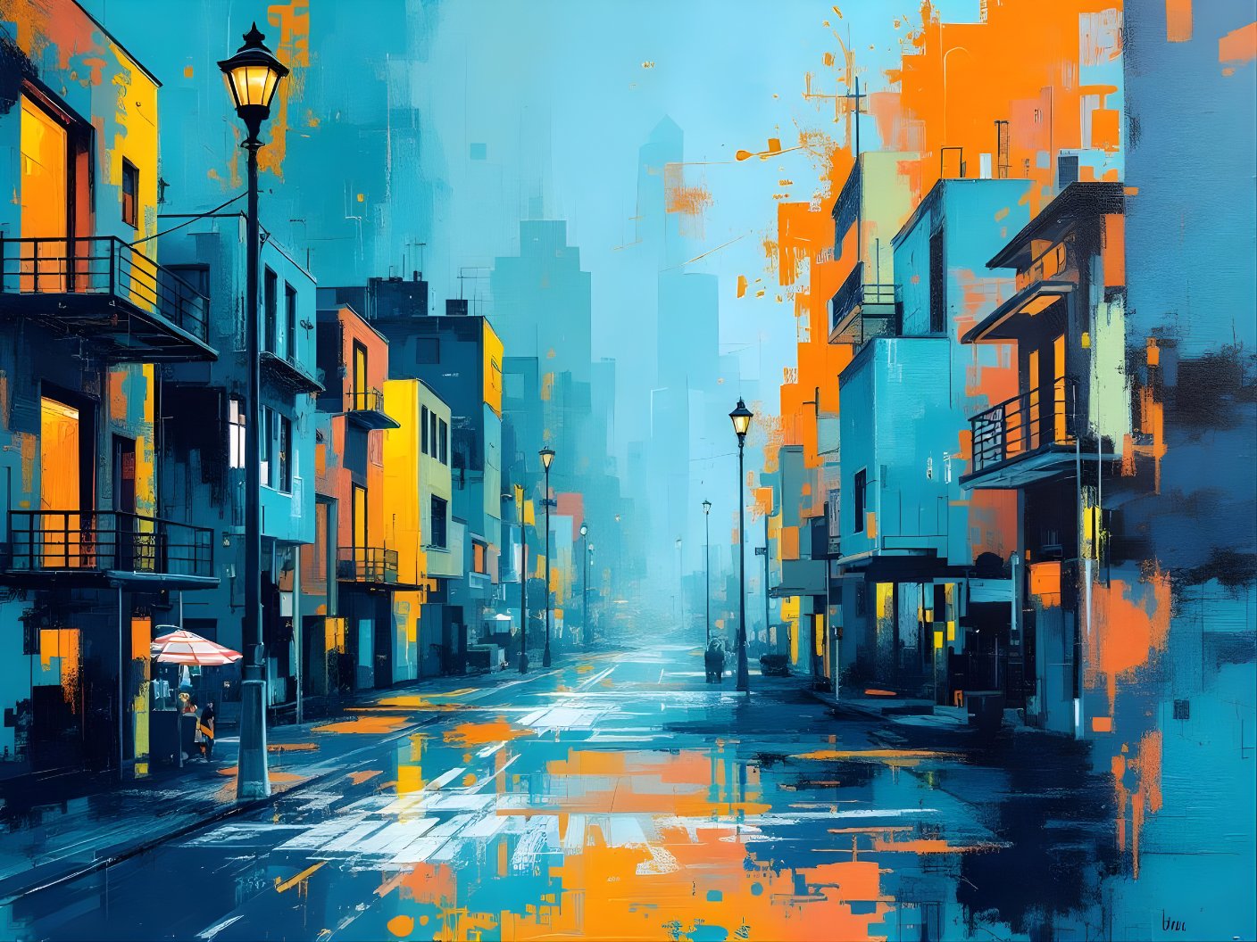 Tableau rue urbaine moderne bleu et orange avec reflets contemporains, création exclusive Iconik-Art.
