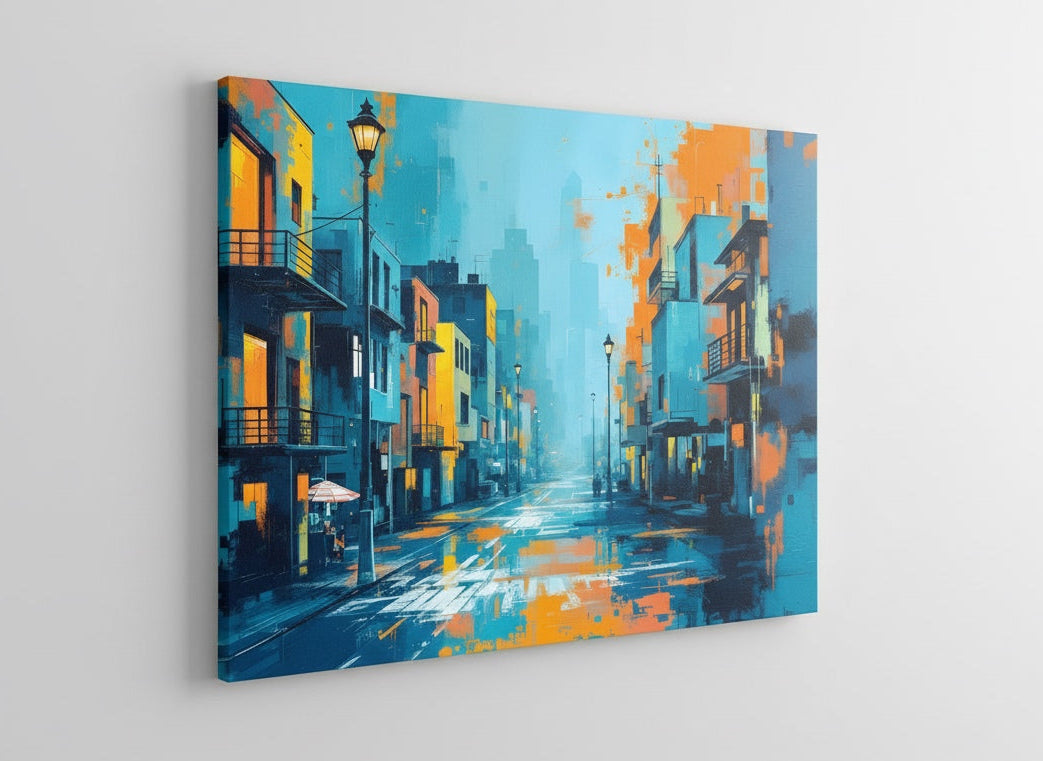 Vue de profil du tableau Rue Urbaine sur toile châssis, détails des contrastes et impression haute qualité.
