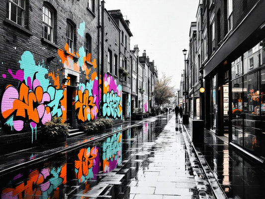 Tableau représentant une rue urbaine avec graffitis colorés
