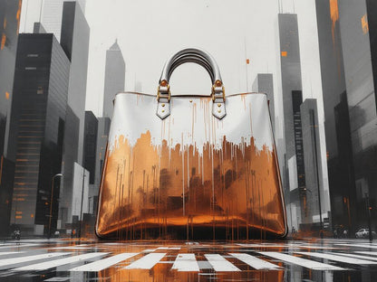 Tableau sac iconique revisité dans un décor urbain graphique