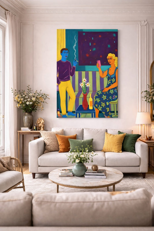 Tableau deco salon scène pop color en intérieur
