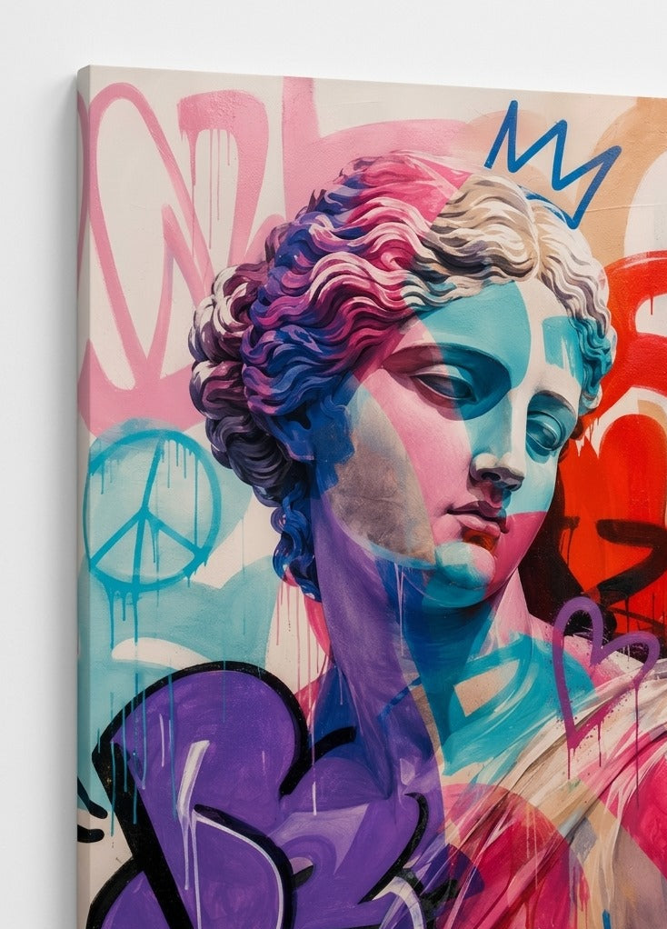Sculpture classique réinterprétée dans un univers pop art moderne aux couleurs éclatantes
