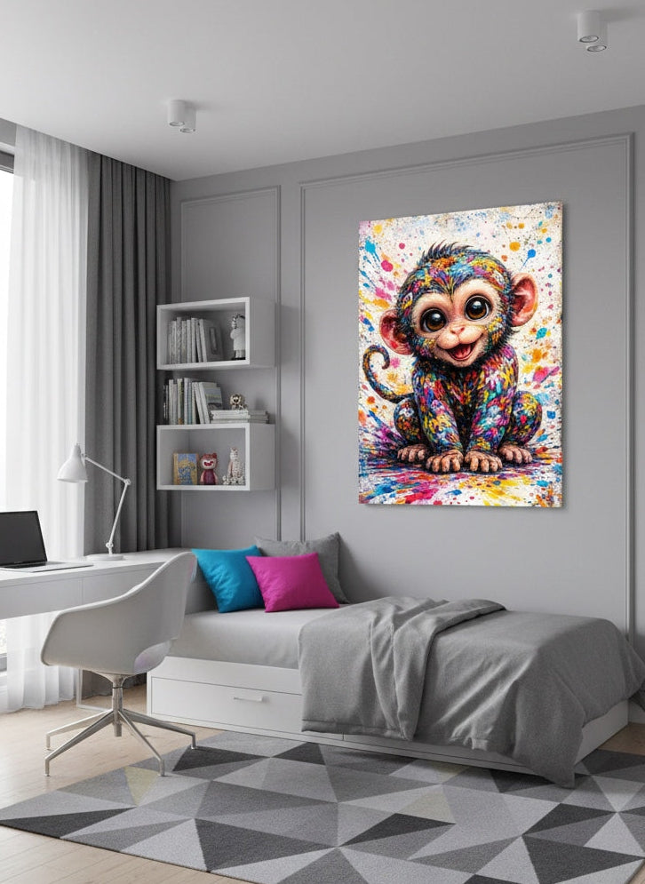 Tableau Singe Pop multicolore accroché dans un salon moderne, décoration murale fun et contemporaine.
