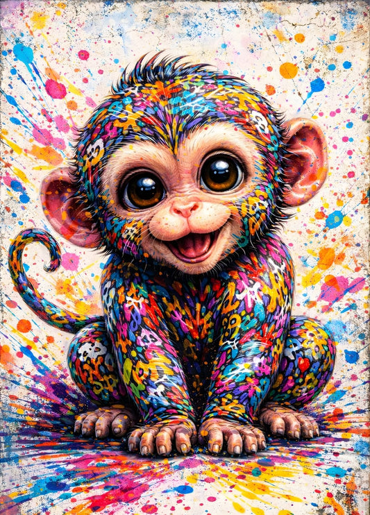 Tableau singe pop art multicolore avec éclaboussures dynamiques, création exclusive Iconik-Art.
