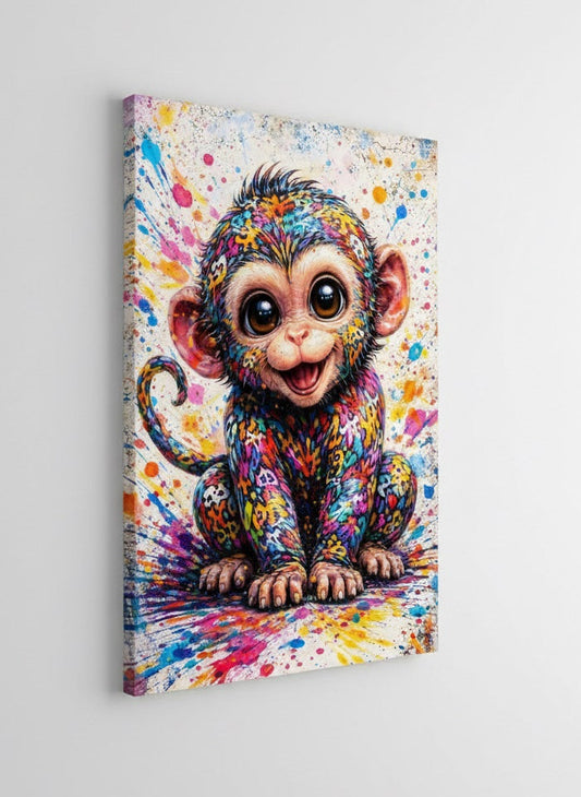 Vue de profil du tableau Singe Pop sur toile châssis, détails des couleurs vives et impression haute qualité.
