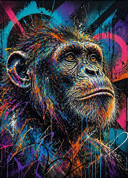Tableau singe street art coloré avec projections de peinture graffiti et portrait animal contemporain
