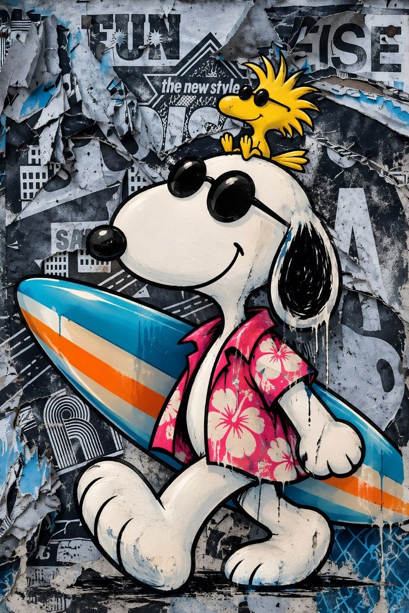 Tableau Snoopy street art avec Woodstock, lunettes de soleil, chemise hawaïenne et planche de surf colorée
