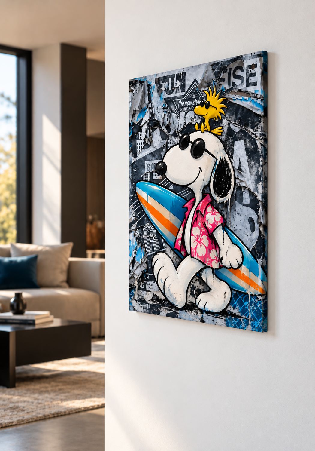 Tableau sur toile Snoopy surfeur et Woodstock, décoration pop art aux couleurs vives
