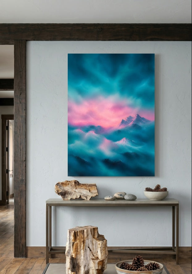 Tableau sommets brumeux bleus et roses style paysage atmosphérique
