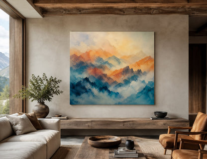 Tableau sommets brumeux bleu et terracotta style paysage atmosphérique
