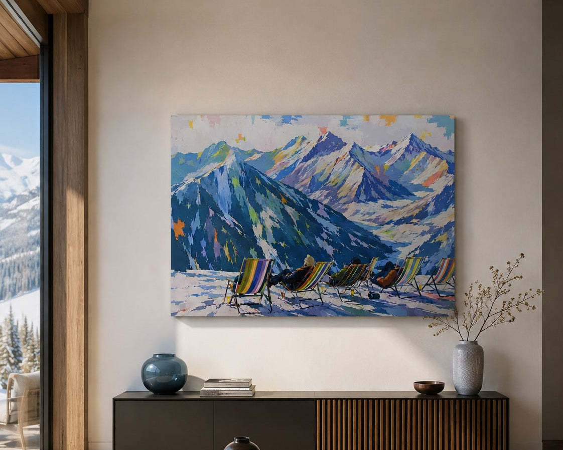 Tableau décoratif représentant des sommets enneigés et un panorama alpin lumineux dans un style contemporain.
